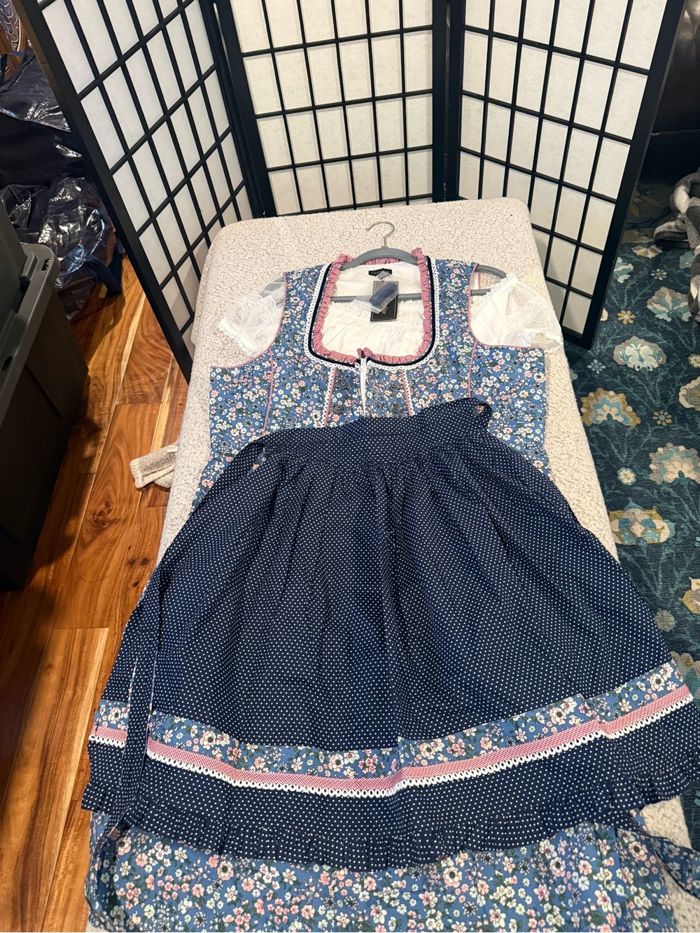 Blue Floral Dirndl-Style Women’s Dress with Polka Dot Apron